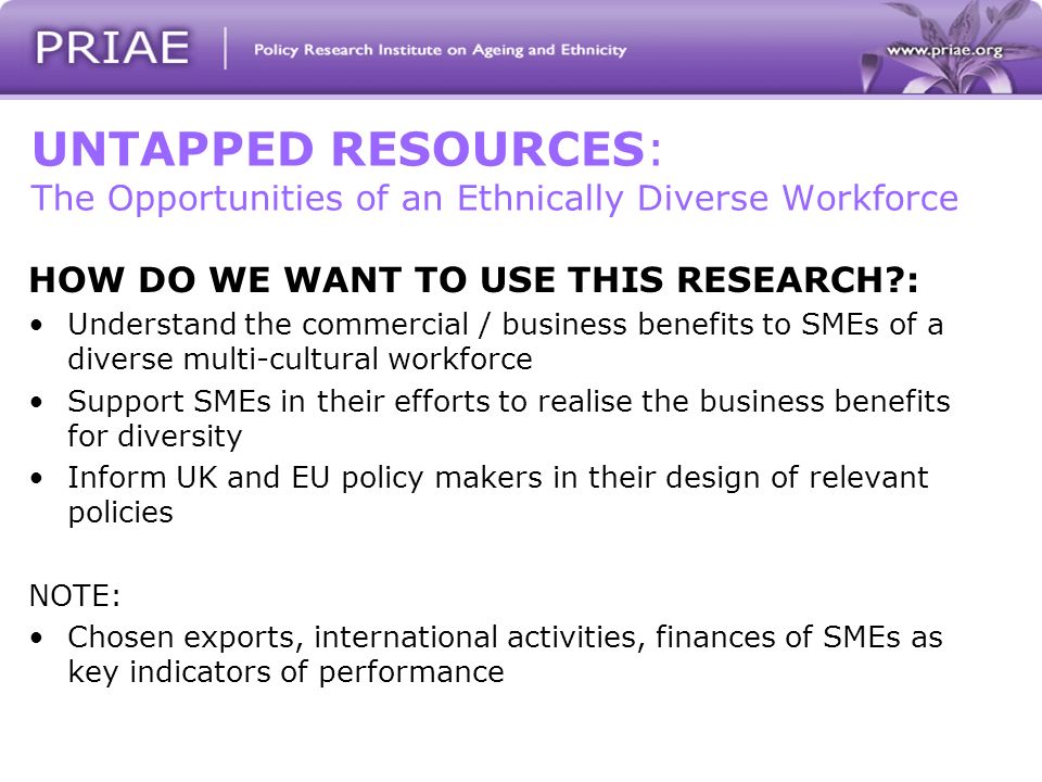 UNTAPPED RESOURCES: The Opportunities of an Ethnically Diverse Workforce HOW DO WE WANT TO USE THIS RESEARCH : Understand the commercial / business benefits to SMEs of a diverse multi-cultural workforce Support SMEs in their efforts to realise the business benefits for diversity Inform UK and EU policy makers in their design of relevant policies NOTE: Chosen exports, international activities, finances of SMEs as key indicators of performance