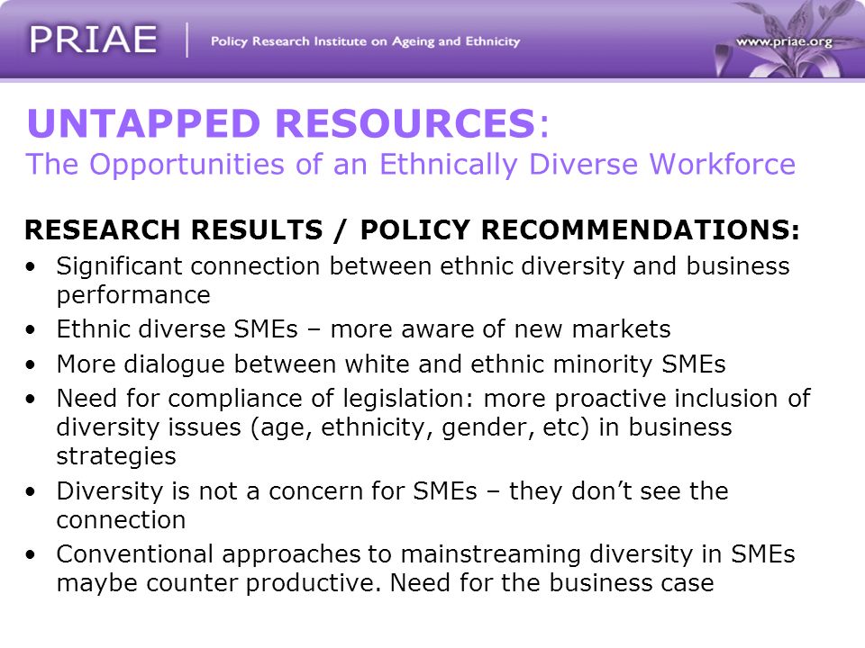 UNTAPPED RESOURCES: The Opportunities of an Ethnically Diverse Workforce RESEARCH RESULTS / POLICY RECOMMENDATIONS: Significant connection between ethnic diversity and business performance Ethnic diverse SMEs – more aware of new markets More dialogue between white and ethnic minority SMEs Need for compliance of legislation: more proactive inclusion of diversity issues (age, ethnicity, gender, etc) in business strategies Diversity is not a concern for SMEs – they dont see the connection Conventional approaches to mainstreaming diversity in SMEs maybe counter productive.
