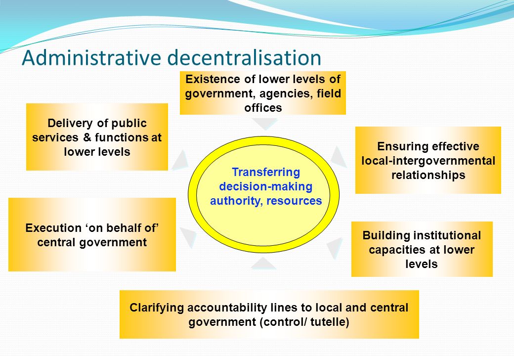 Existence of lower levels of government, agencies, field offices Delivery of public services & functions at lower levels Execution on behalf of central government Clarifying accountability lines to local and central government (control/ tutelle) Ensuring effective local-intergovernmental relationships Transferring decision-making authority, resources Building institutional capacities at lower levels Administrative decentralisation
