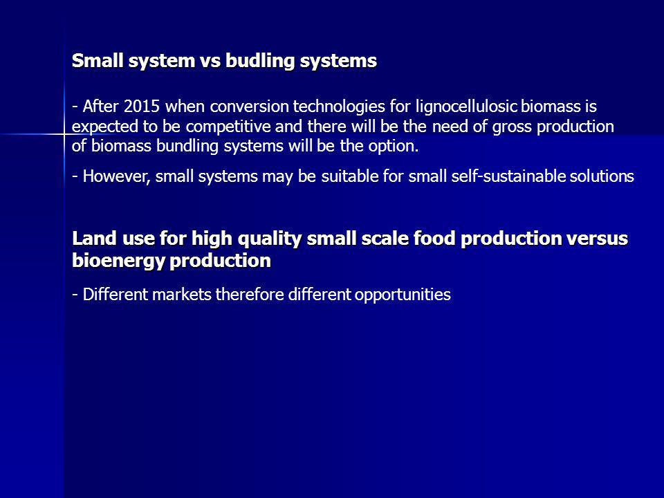 Small system vs budling systems - After 2015 when conversion technologies for lignocellulosic biomass is expected to be competitive and there will be the need of gross production of biomass bundling systems will be the option.