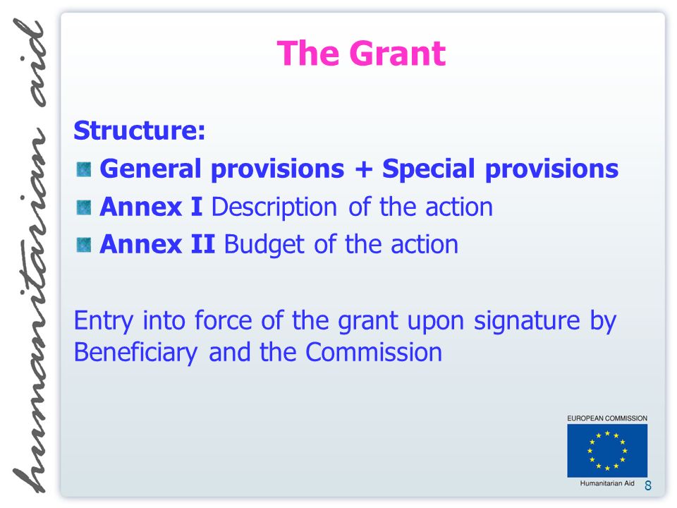8 The Grant Structure: General provisions + Special provisions Annex I Description of the action Annex II Budget of the action Entry into force of the grant upon signature by Beneficiary and the Commission