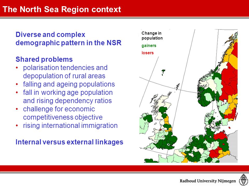The North Sea Region context Diverse and complex demographic pattern in the NSR Shared problems polarisation tendencies and depopulation of rural areas falling and ageing populations fall in working age population and rising dependency ratios challenge for economic competitiveness objective rising international immigration Internal versus external linkages Population density (inh./sq km) Change in population gainers losers