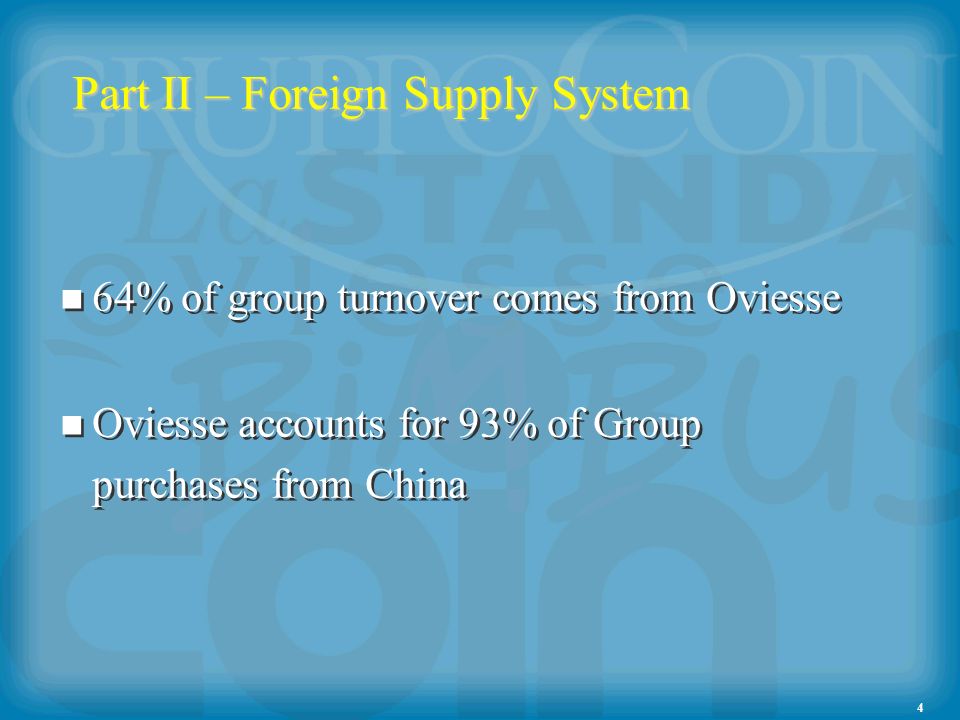 4 64% of group turnover comes from Oviesse Oviesse accounts for 93% of Group purchases from China 64% of group turnover comes from Oviesse Oviesse accounts for 93% of Group purchases from China Part II – Foreign Supply System