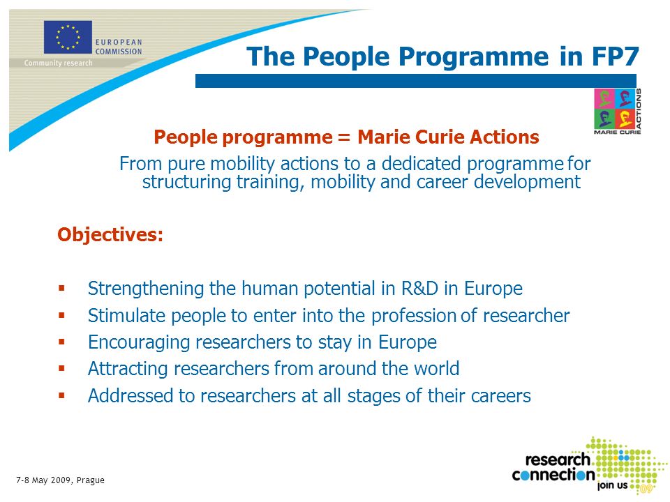 7-8 May 2009, Prague The People Programme in FP7 People programme = Marie Curie Actions From pure mobility actions to a dedicated programme for structuring training, mobility and career development Objectives: Strengthening the human potential in R&D in Europe Stimulate people to enter into the profession of researcher Encouraging researchers to stay in Europe Attracting researchers from around the world Addressed to researchers at all stages of their careers
