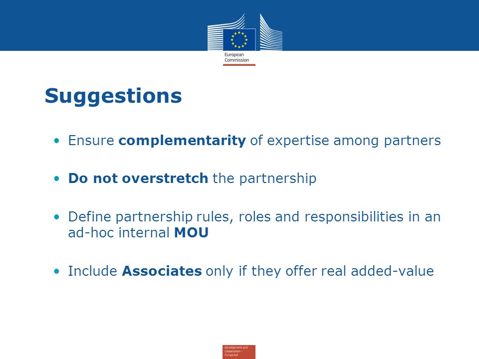 Suggestions Ensure complementarity of expertise among partners Do not overstretch the partnership Define partnership rules, roles and responsibilities in an ad-hoc internal MOU Include Associates only if they offer real added-value