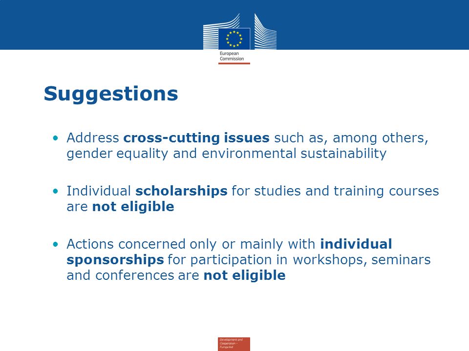 Suggestions Address cross-cutting issues such as, among others, gender equality and environmental sustainability Individual scholarships for studies and training courses are not eligible Actions concerned only or mainly with individual sponsorships for participation in workshops, seminars and conferences are not eligible