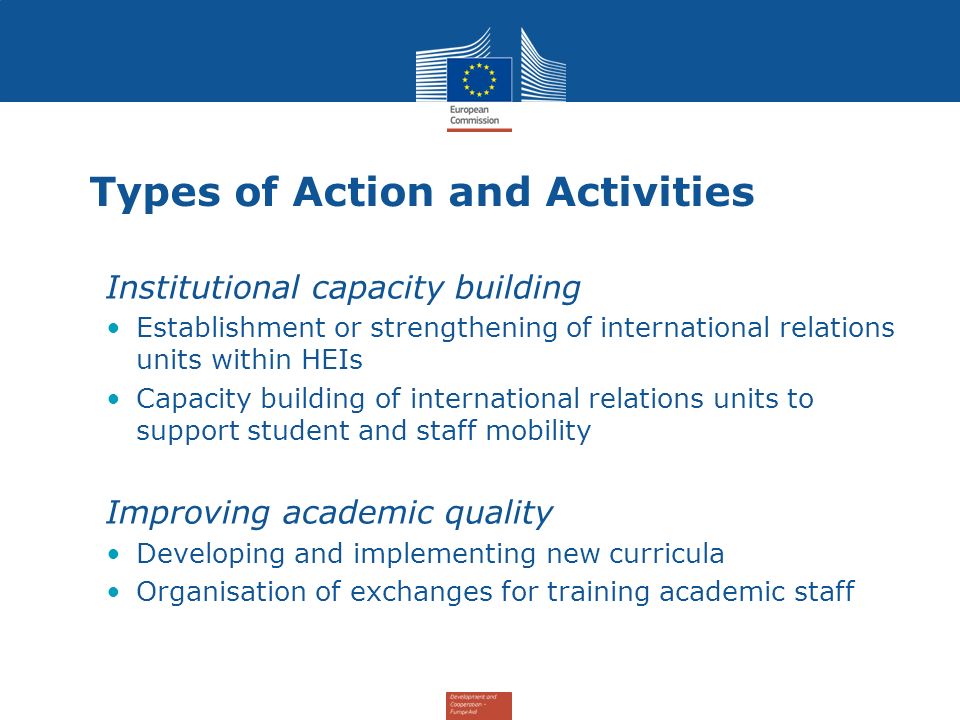 Types of Action and Activities Institutional capacity building Establishment or strengthening of international relations units within HEIs Capacity building of international relations units to support student and staff mobility Improving academic quality Developing and implementing new curricula Organisation of exchanges for training academic staff