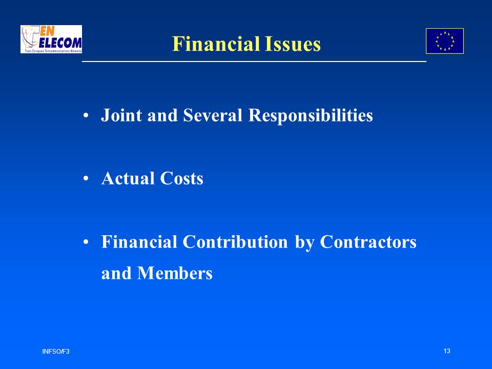 INFSO/F3 13 Financial Issues Joint and Several Responsibilities Actual Costs Financial Contribution by Contractors and Members