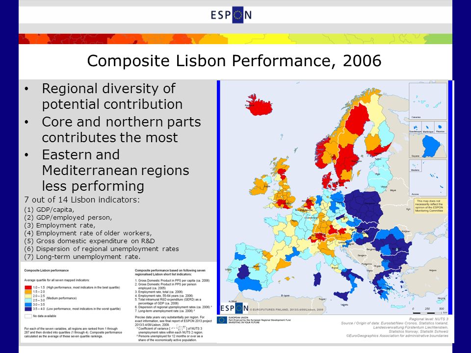 Composite Lisbon Performance, 2006 Regional diversity of potential contribution Core and northern parts contributes the most Eastern and Mediterranean regions less performing 7 out of 14 Lisbon indicators: (1) GDP/capita, (2) GDP/employed person, (3) Employment rate, (4) Employment rate of older workers, (5) Gross domestic expenditure on R&D (6) Dispersion of regional unemployment rates (7) Long-term unemployment rate.