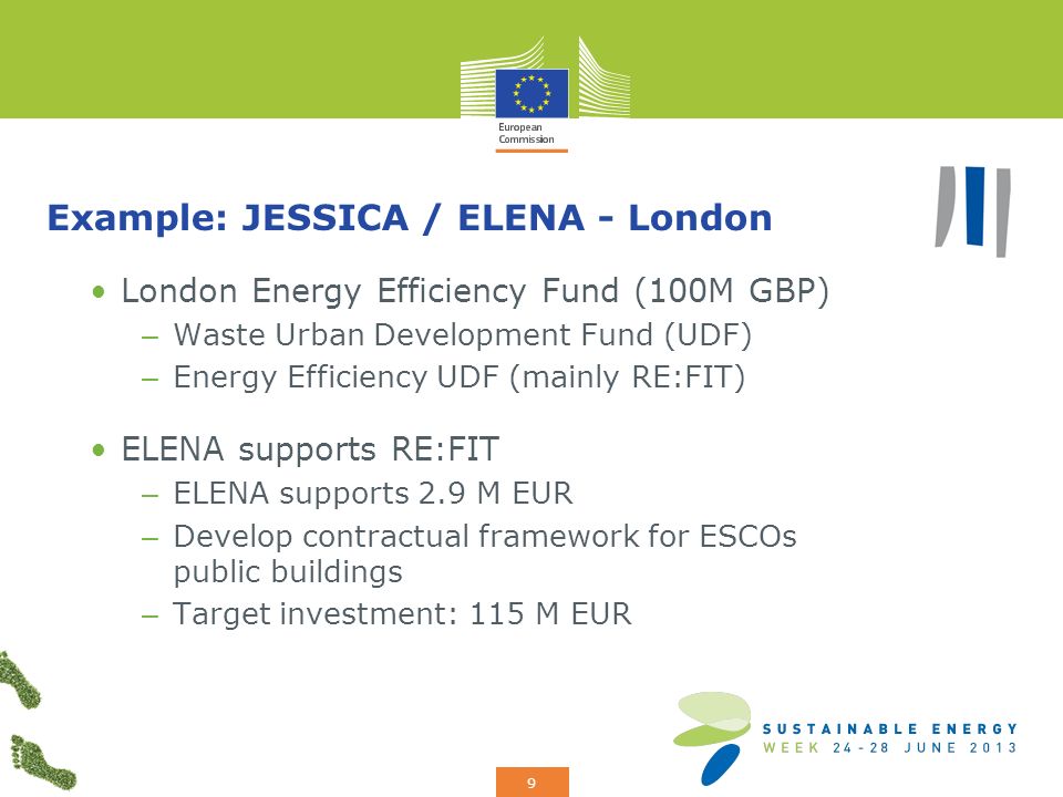 Add your logo here 9 Example: JESSICA / ELENA - London London Energy Efficiency Fund (100M GBP) – Waste Urban Development Fund (UDF) – Energy Efficiency UDF (mainly RE:FIT) ELENA supports RE:FIT – ELENA supports 2.9 M EUR – Develop contractual framework for ESCOs public buildings – Target investment: 115 M EUR