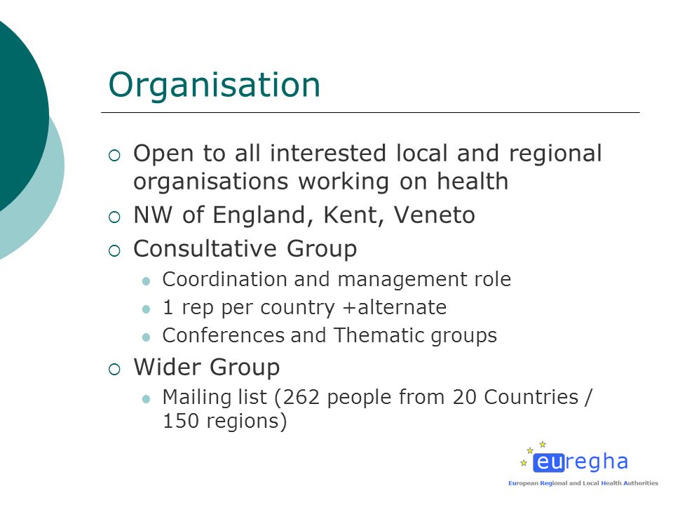 Organisation Open to all interested local and regional organisations working on health NW of England, Kent, Veneto Consultative Group Coordination and management role 1 rep per country +alternate Conferences and Thematic groups Wider Group Mailing list (262 people from 20 Countries / 150 regions)