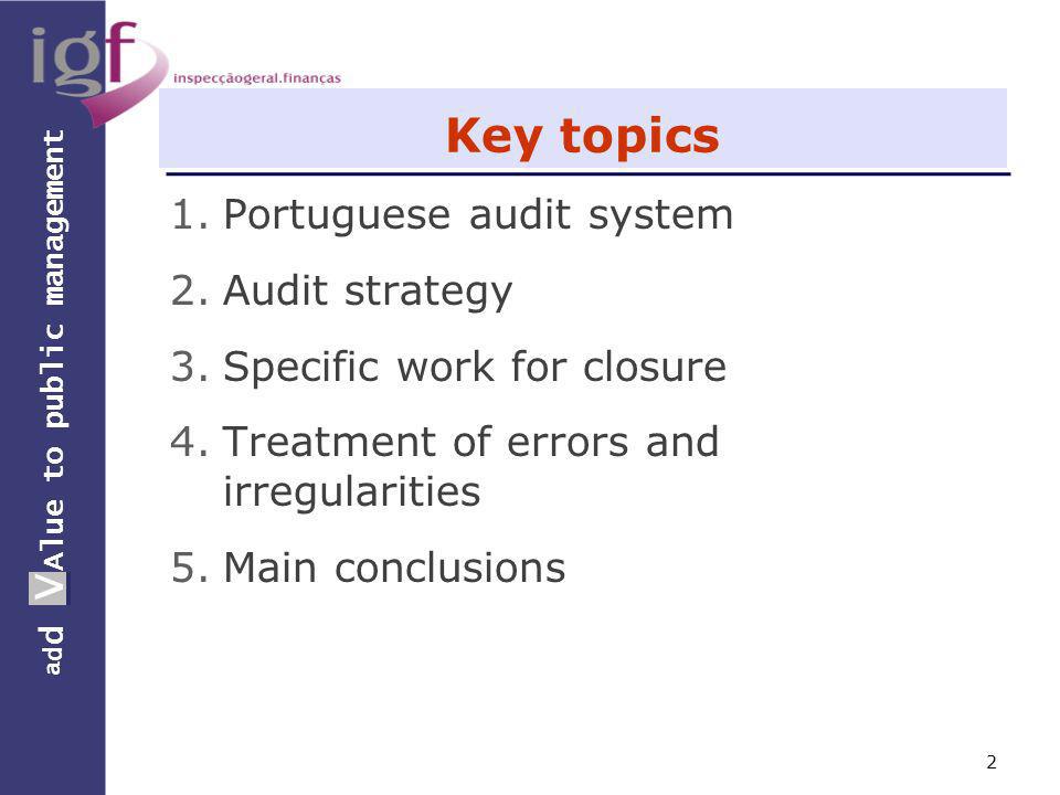 a d d V Alue to public management a d d V Key topics 1.Portuguese audit system 2.Audit strategy 3.Specific work for closure 4.Treatment of errors and irregularities 5.Main conclusions 2