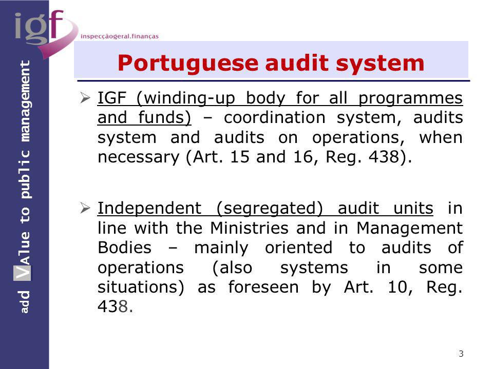 a d d V Alue to public management a d d V Portuguese audit system IGF (winding-up body for all programmes and funds) – coordination system, audits system and audits on operations, when necessary (Art.