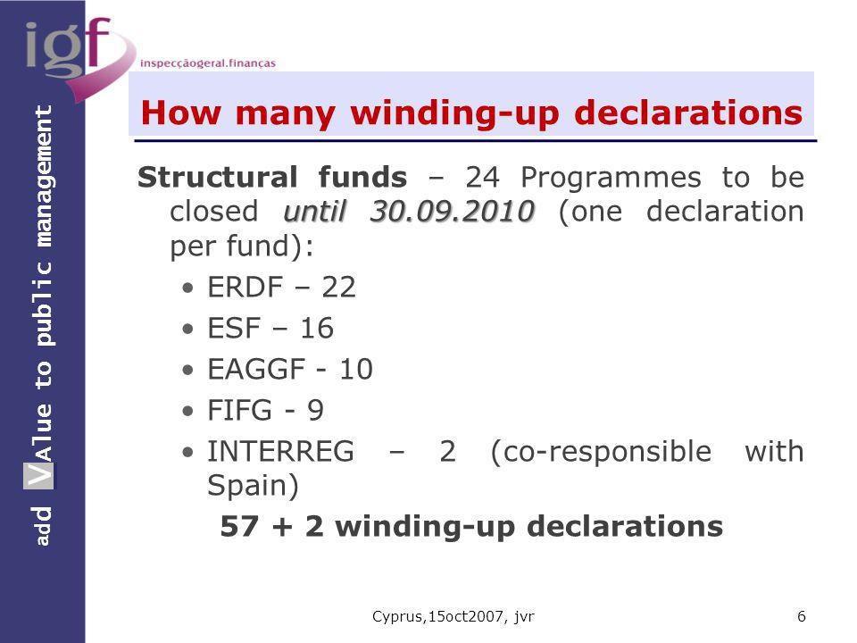 a d d V Alue to public management a d d V until Structural funds – 24 Programmes to be closed until (one declaration per fund): ERDF – 22 ESF – 16 EAGGF - 10 FIFG - 9 INTERREG – 2 (co-responsible with Spain) winding-up declarations How many winding-up declarations Cyprus,15oct2007, jvr6