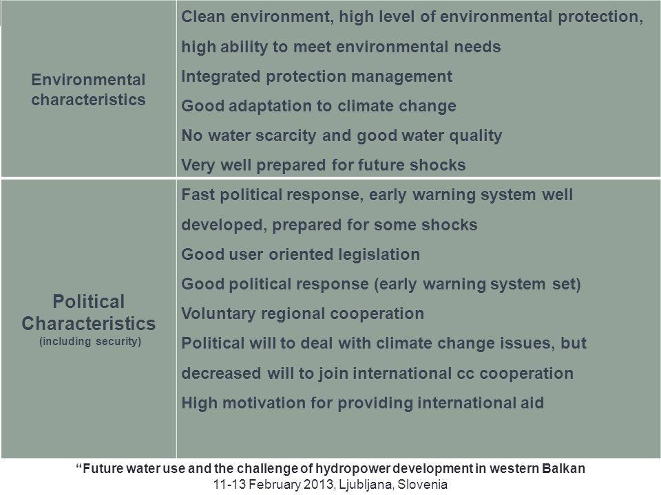 Environmental characteristics Clean environment, high level of environmental protection, high ability to meet environmental needs Integrated protection management Good adaptation to climate change No water scarcity and good water quality Very well prepared for future shocks Political Characteristics (including security) Fast political response, early warning system well developed, prepared for some shocks Good user oriented legislation Good political response (early warning system set) Voluntary regional cooperation Political will to deal with climate change issues, but decreased will to join international cc cooperation High motivation for providing international aid Future water use and the challenge of hydropower development in western Balkan February 2013, Ljubljana, Slovenia