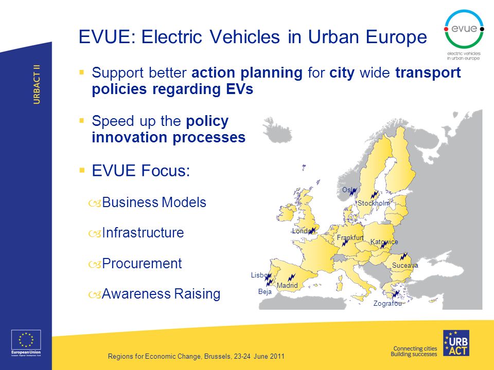EVUE: Electric Vehicles in Urban Europe Support better action planning for city wide transport policies regarding EVs Speed up the policy innovation processes EVUE Focus: –Business Models –Infrastructure –Procurement –Awareness Raising Regions for Economic Change, Brussels, June 2011 Oslo Katowice Frankfurt Suceava Stockholm Madrid Beja Lisbon London Zografou