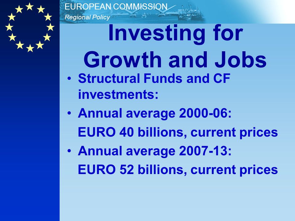 Regional Policy EUROPEAN COMMISSION Investing for Growth and Jobs Structural Funds and CF investments: Annual average : EURO 40 billions, current prices Annual average : EURO 52 billions, current prices