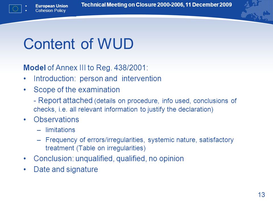13 Content of WUD Model of Annex III to Reg.