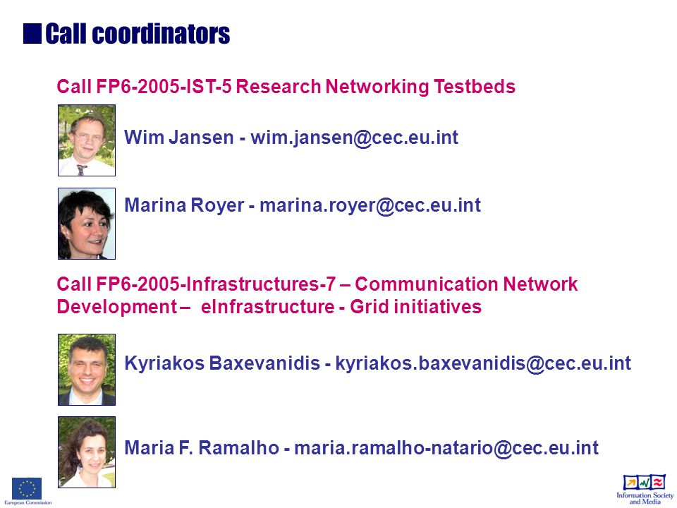 Call FP IST-5 Research Networking Testbeds Wim Jansen - Marina Royer - Call FP Infrastructures-7 – Communication Network Development – eInfrastructure - Grid initiatives Kyriakos Baxevanidis - Maria F.