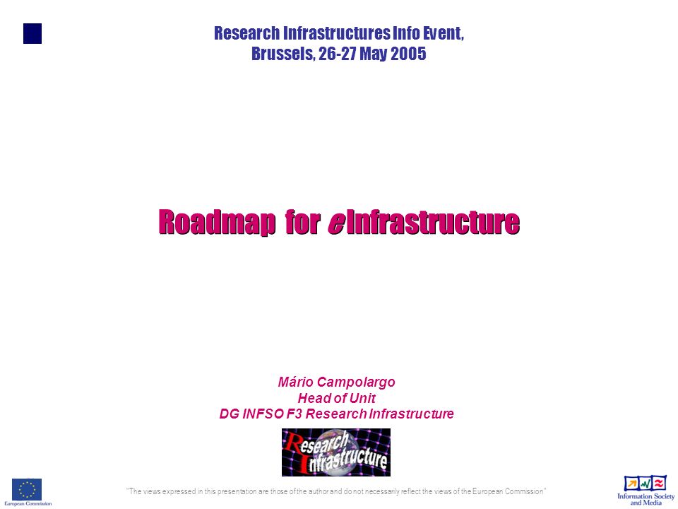 The views expressed in this presentation are those of the author and do not necessarily reflect the views of the European Commission Mário Campolargo Head of Unit DG INFSO F3 Research Infrastructure Roadmap for e Infrastructure Research Infrastructures Info Event, Brussels, May 2005