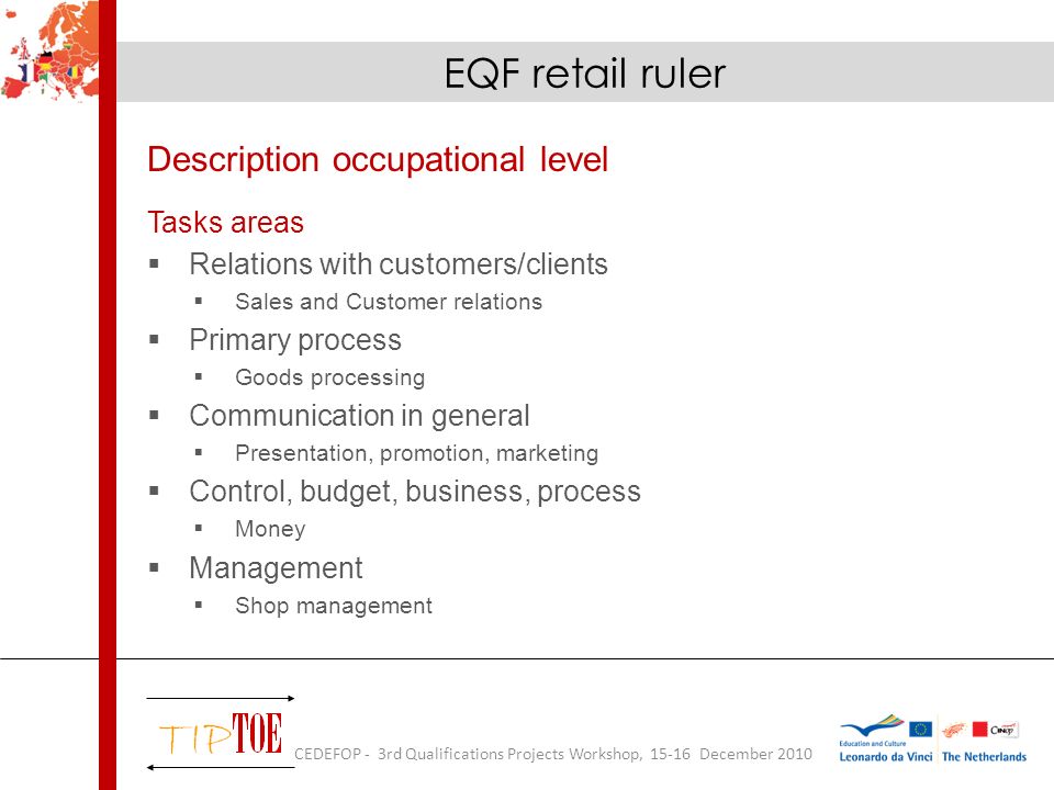 Description occupational level Tasks areas Relations with customers/clients Sales and Customer relations Primary process Goods processing Communication in general Presentation, promotion, marketing Control, budget, business, process Money Management Shop management EQF retail ruler CEDEFOP - 3rd Qualifications Projects Workshop, December 2010