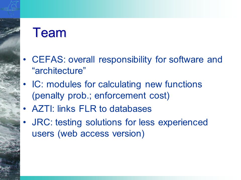 Team CEFAS: overall responsibility for software and architecture IC: modules for calculating new functions (penalty prob.; enforcement cost) AZTI: links FLR to databases JRC: testing solutions for less experienced users (web access version)