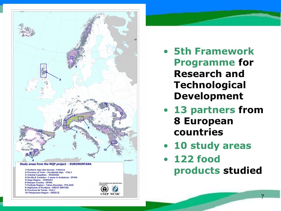 7 5th Framework Programme for Research and Technological Development 13 partners from 8 European countries 10 study areas 122 food products studied