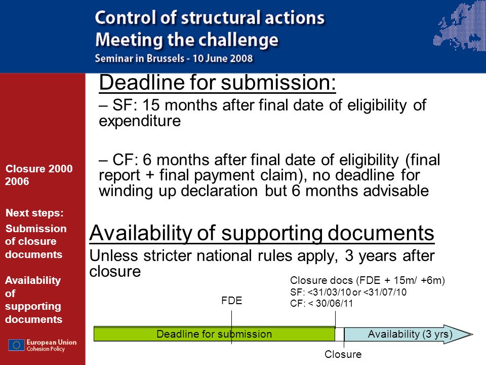 Deadline for submission Deadline for submission: – SF: 15 months after final date of eligibility of expenditure – CF: 6 months after final date of eligibility (final report + final payment claim), no deadline for winding up declaration but 6 months advisable Availability of supporting documents Unless stricter national rules apply, 3 years after closure Closure Next steps: Submission of closure documents Availability of supporting documents FDE Closure docs (FDE + 15m/ +6m) SF: <31/03/10 or <31/07/10 CF: < 30/06/11 Availability (3 yrs) Closure