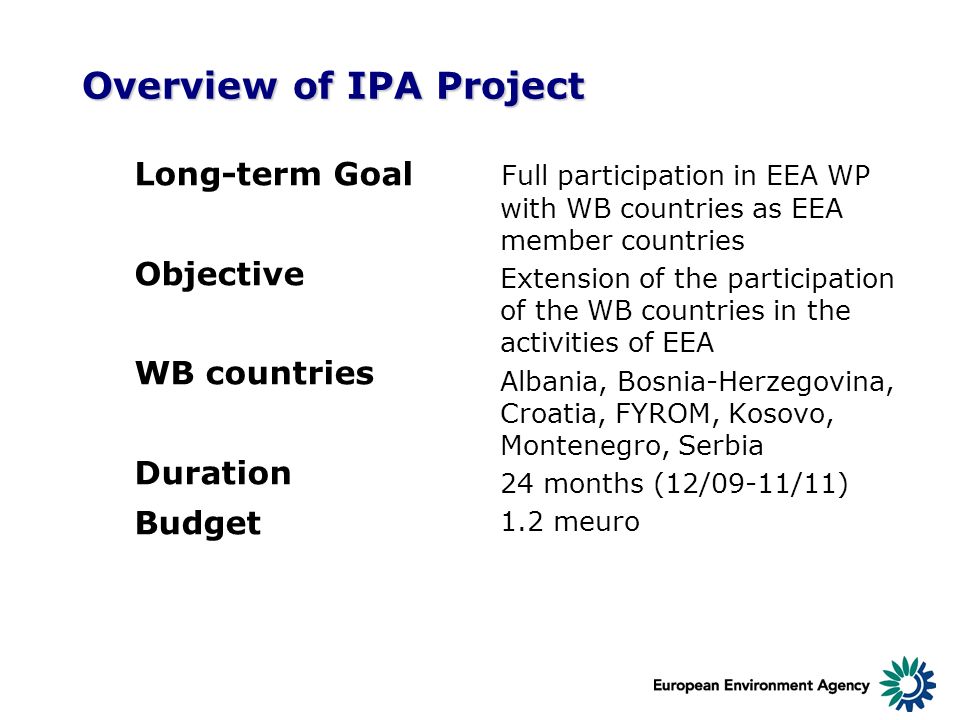 Overview of IPA Project Long-term Goal Objective WB countries Duration Budget Full participation in EEA WP with WB countries as EEA member countries Extension of the participation of the WB countries in the activities of EEA Albania, Bosnia-Herzegovina, Croatia, FYROM, Kosovo, Montenegro, Serbia 24 months (12/09-11/11) 1.2 meuro