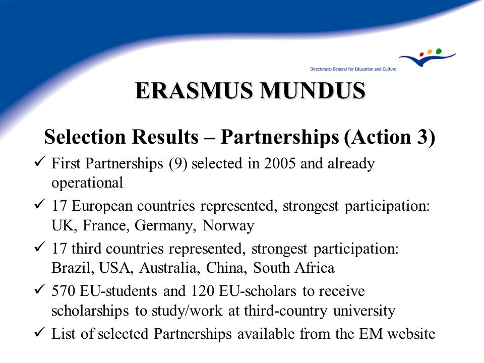 ERASMUS MUNDUS Selection Results – Partnerships (Action 3) First Partnerships (9) selected in 2005 and already operational 17 European countries represented, strongest participation: UK, France, Germany, Norway 17 third countries represented, strongest participation: Brazil, USA, Australia, China, South Africa 570 EU-students and 120 EU-scholars to receive scholarships to study/work at third-country university List of selected Partnerships available from the EM website