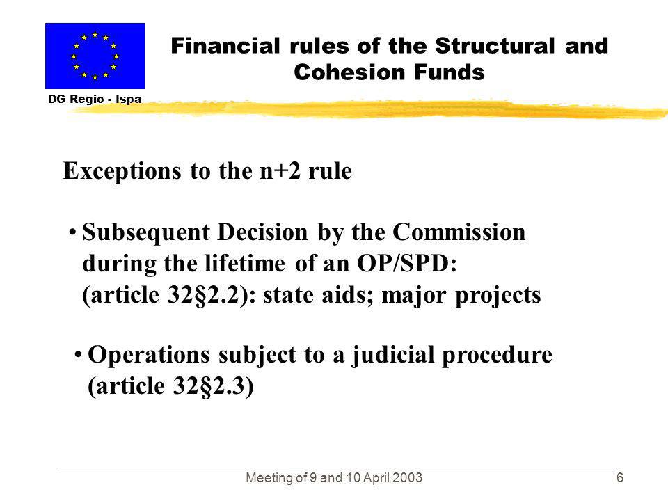 Meeting of 9 and 10 April Financial rules of the Structural and Cohesion Funds DG Regio - Ispa Financial Plans: % advance 6 % advance Reimbursements Payments until 2007 Payments until 2008 N + 2 Final 5% Automatic decommitment of any part not paid out after n+2 Final 5% of total assistance held until closure Reimbursements