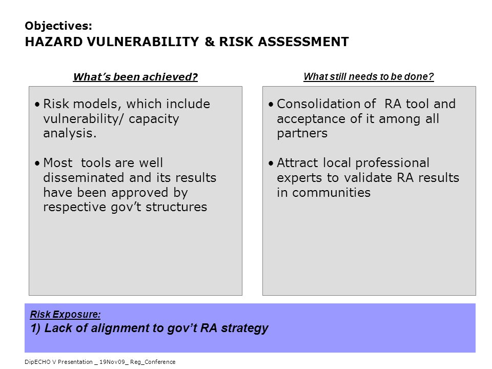 DipECHO V Presentation _ 19Nov09_ Reg_Conference Objectives: HAZARD VULNERABILITY & RISK ASSESSMENT Risk models, which include vulnerability/ capacity analysis.