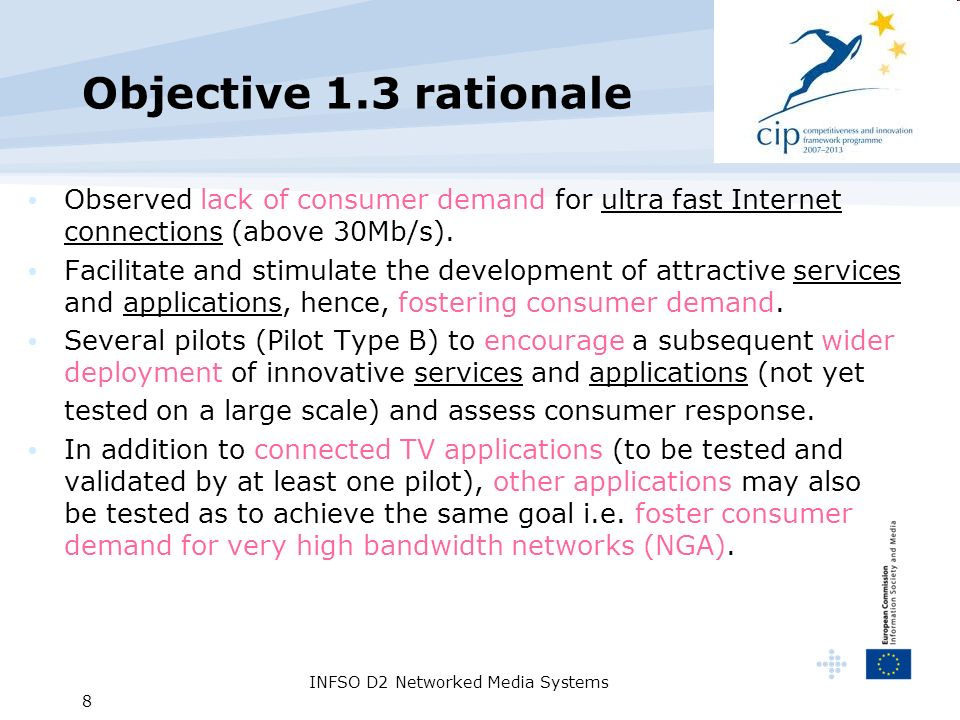 INFSO D2 Networked Media Systems 8 Objective 1.3 rationale Observed lack of consumer demand for ultra fast Internet connections (above 30Mb/s).