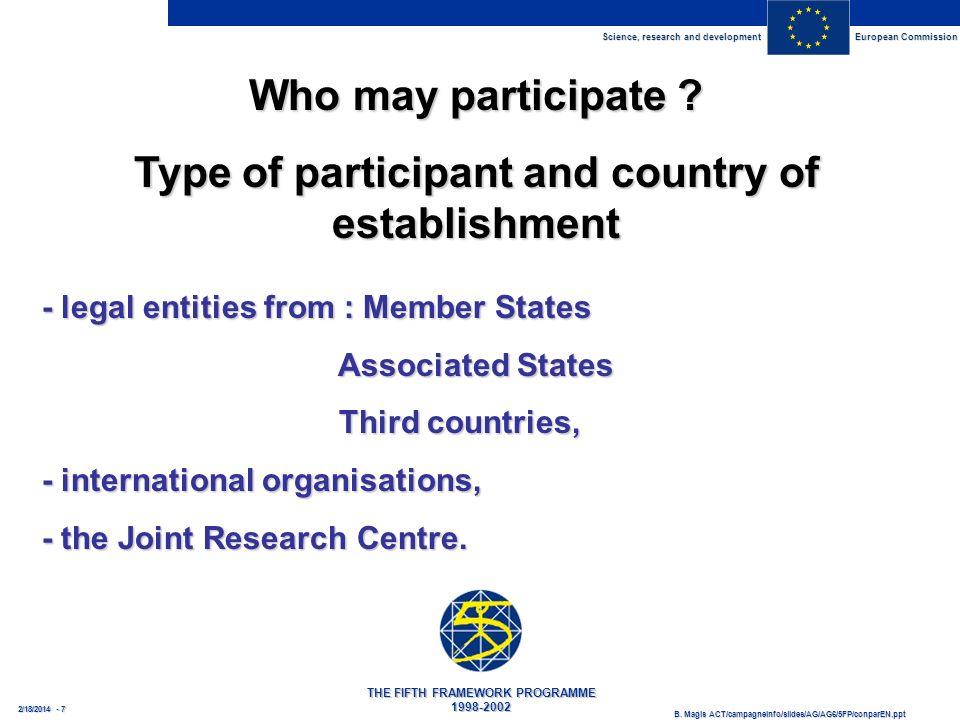 Science, research and development European Commission THE FIFTH FRAMEWORK PROGRAMME B.