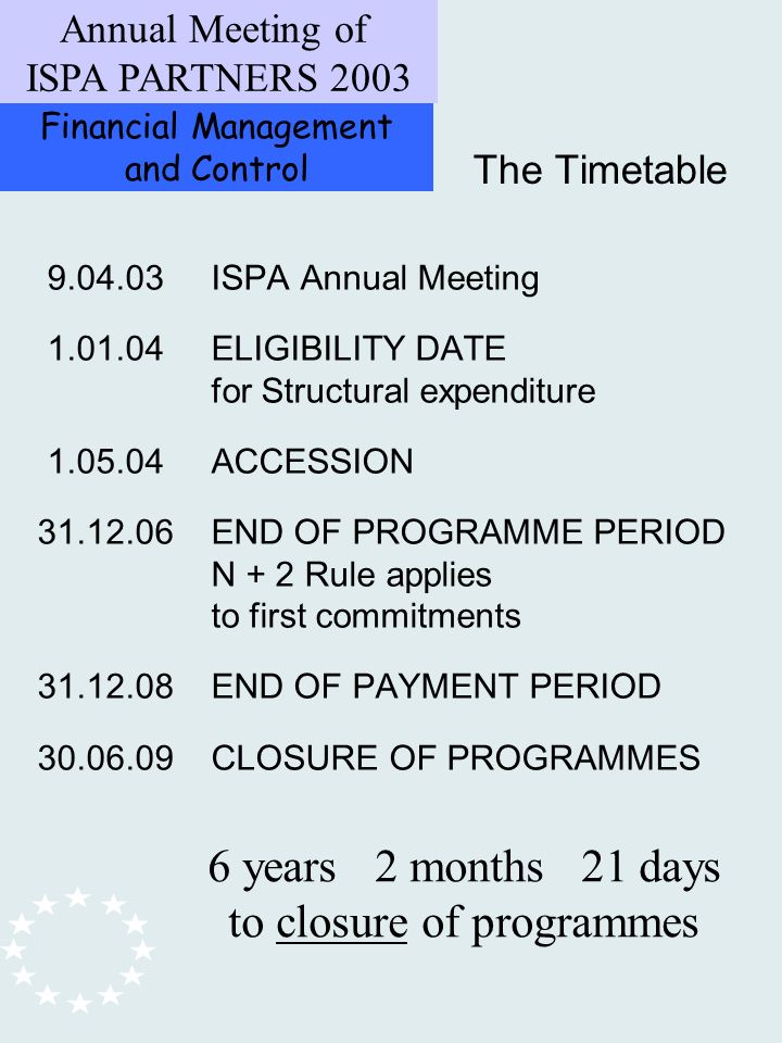 Financial Management and Control Annual Meeting of ISPA PARTNERS ISPA Annual Meeting ELIGIBILITY DATE for Structural expenditure ACCESSION END OF PROGRAMME PERIOD N + 2 Rule applies to first commitments END OF PAYMENT PERIOD CLOSURE OF PROGRAMMES The Timetable 6 years 2 months 21 days to closure of programmes