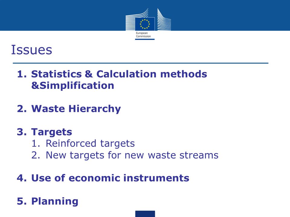 Issues 1.Statistics & Calculation methods &Simplification 2.Waste Hierarchy 3.Targets 1.Reinforced targets 2.New targets for new waste streams 4.Use of economic instruments 5.Planning