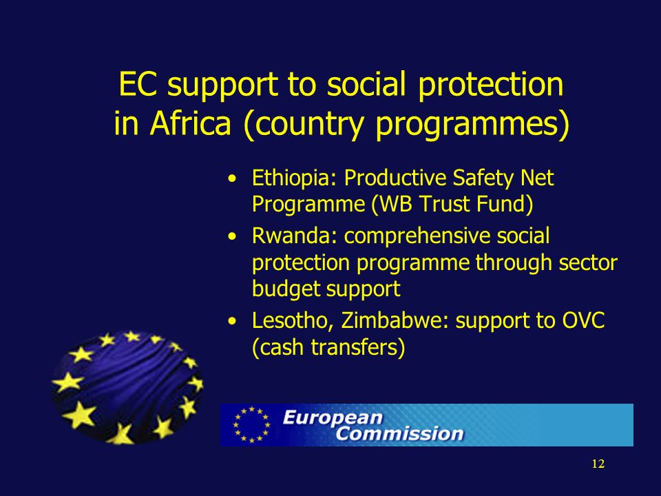12 EC support to social protection in Africa (country programmes) Ethiopia: Productive Safety Net Programme (WB Trust Fund) Rwanda: comprehensive social protection programme through sector budget support Lesotho, Zimbabwe: support to OVC (cash transfers)