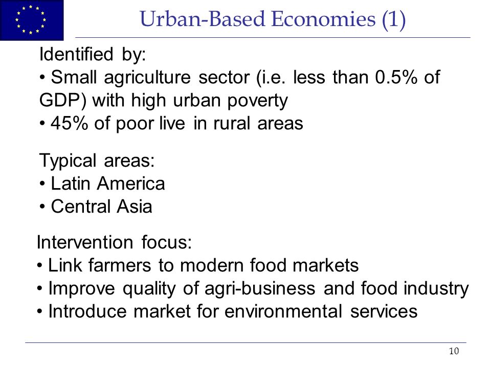 10 Urban-Based Economies (1) Identified by: Small agriculture sector (i.e.