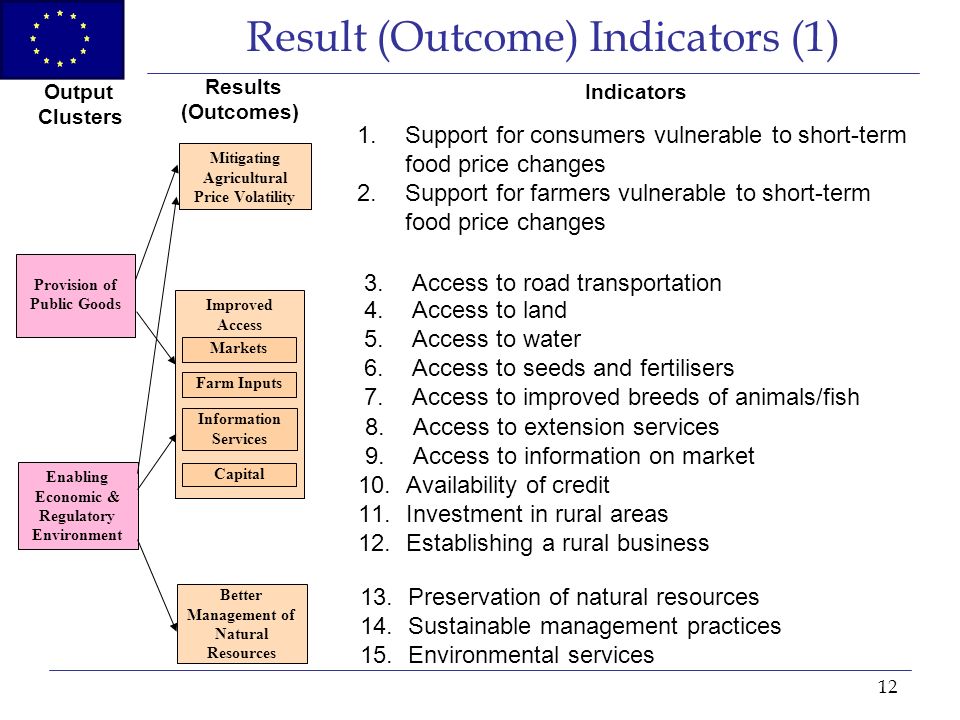 12 Result (Outcome) Indicators (1) Provision of Public Goods Better Management of Natural Resources Mitigating Agricultural Price Volatility Output Clusters Results (Outcomes) Indicators Enabling Economic & Regulatory Environment 1.Support for consumers vulnerable to short-term food price changes 2.Support for farmers vulnerable to short-term food price changes 3.Access to road transportation 13.Preservation of natural resources 14.Sustainable management practices 15.Environmental services 4.Access to land 5.Access to water 6.Access to seeds and fertilisers 7.Access to improved breeds of animals/fish 10.Availability of credit 11.Investment in rural areas 12.Establishing a rural business Improved Access Markets Farm Inputs Capital Information Services 8.Access to extension services 9.Access to information on market