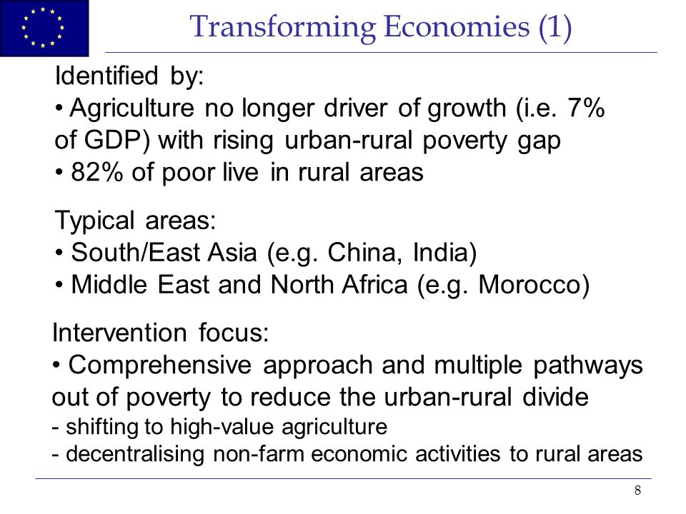 8 Transforming Economies (1) Identified by: Agriculture no longer driver of growth (i.e.