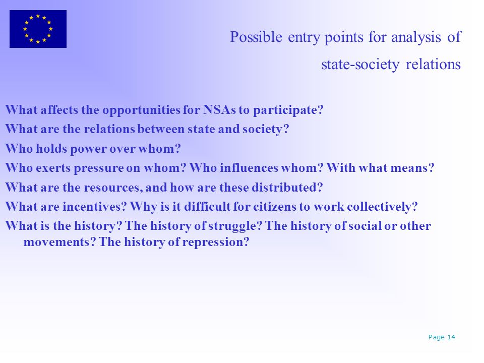 Possible entry points for analysis of state-society relations What affects the opportunities for NSAs to participate.