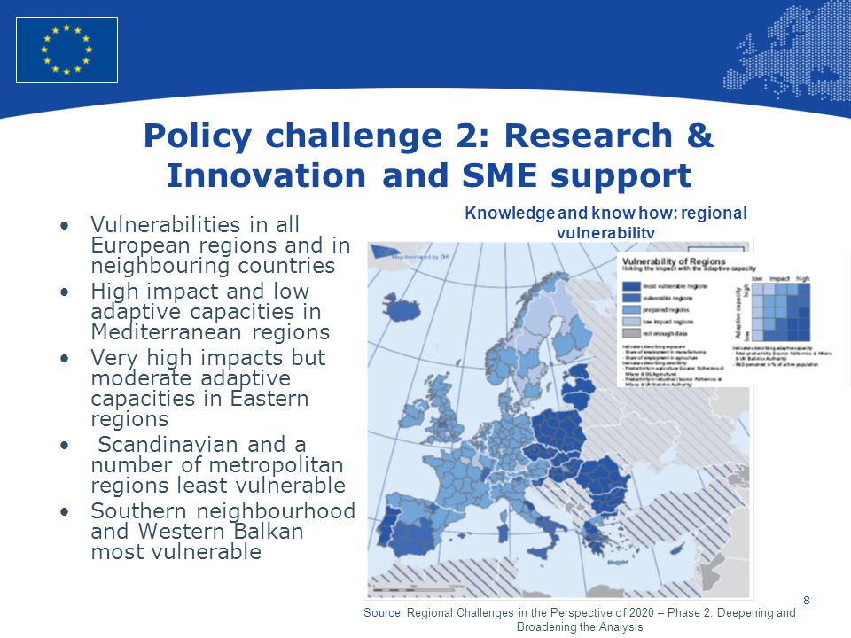 8 European Union Regional Policy – Employment, Social Affairs and Inclusion Knowledge and know how: regional vulnerability Policy challenge 2: Research & Innovation and SME support Vulnerabilities in all European regions and in neighbouring countries High impact and low adaptive capacities in Mediterranean regions Very high impacts but moderate adaptive capacities in Eastern regions Scandinavian and a number of metropolitan regions least vulnerable Southern neighbourhood and Western Balkan most vulnerable Source: Regional Challenges in the Perspective of 2020 – Phase 2: Deepening and Broadening the Analysis