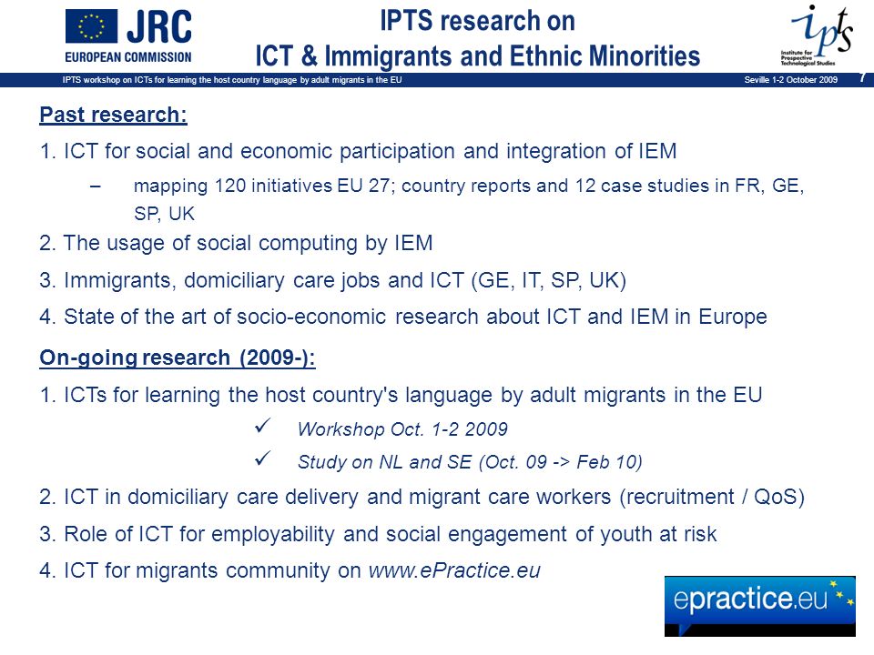 IPTS workshop on ICTs for learning the host country language by adult migrants in the EU Seville 1-2 October Past research: 1.