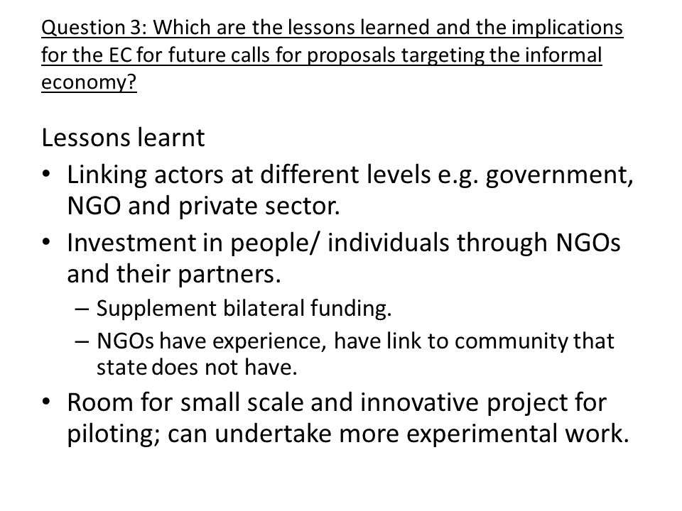 Question 3: Which are the lessons learned and the implications for the EC for future calls for proposals targeting the informal economy.