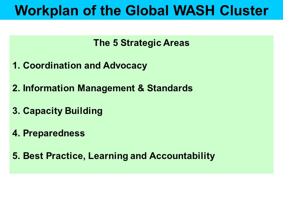 Workplan of the Global WASH Cluster The 5 Strategic Areas 1.Coordination and Advocacy 2.Information Management & Standards 3.Capacity Building 4.Preparedness 5.Best Practice, Learning and Accountability