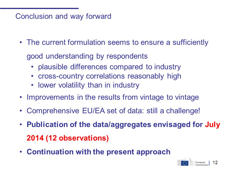 12 Conclusion and way forward The current formulation seems to ensure a sufficiently good understanding by respondents plausible differences compared to industry cross-country correlations reasonably high lower volatility than in industry Improvements in the results from vintage to vintage Comprehensive EU/EA set of data: still a challenge.