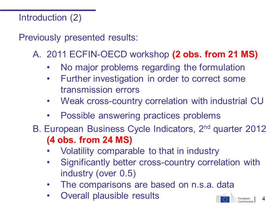 4 Introduction (2) Previously presented results: A.2011 ECFIN-OECD workshop (2 obs.