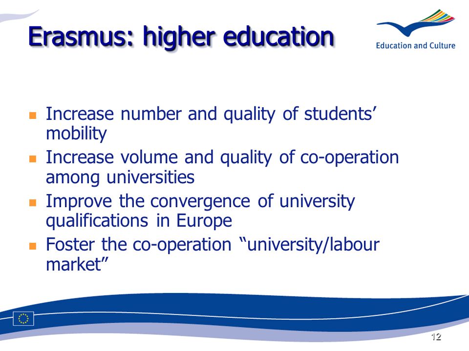 12 Erasmus: higher education Increase number and quality of students mobility Increase volume and quality of co-operation among universities Improve the convergence of university qualifications in Europe Foster the co-operation university/labour market