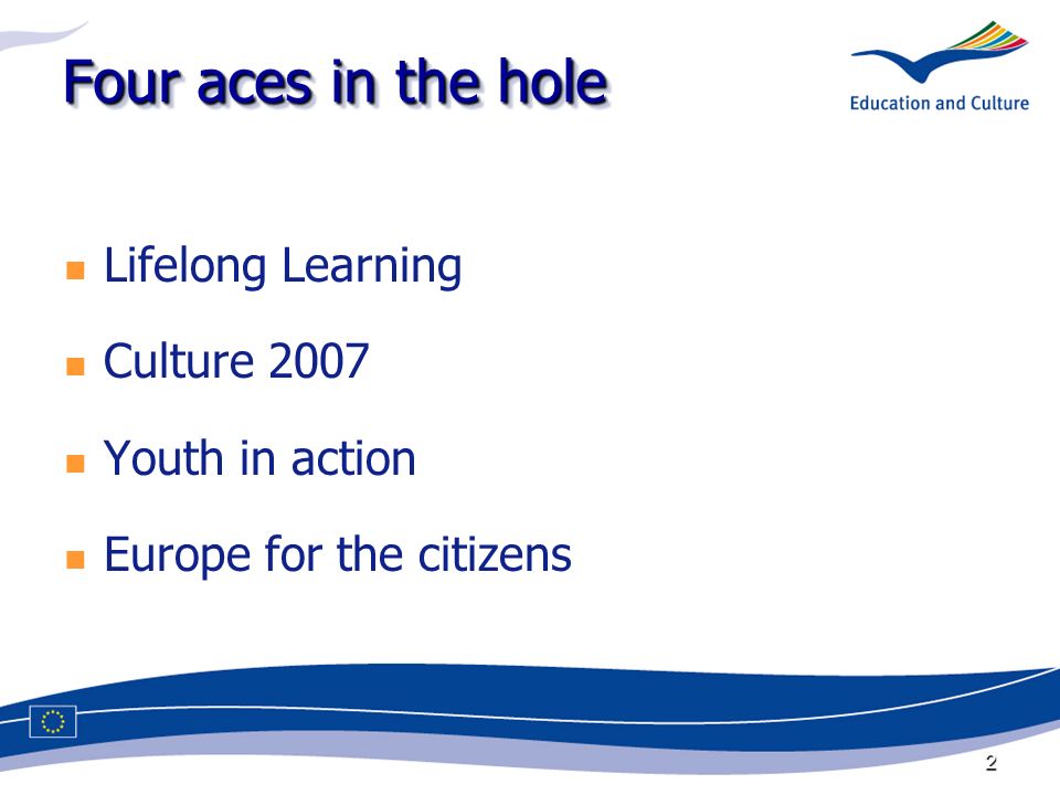 2 Four aces in the hole Lifelong Learning Culture 2007 Youth in action Europe for the citizens