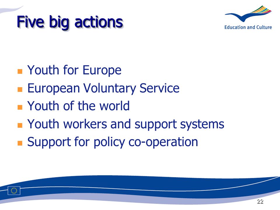 22 Five big actions Youth for Europe European Voluntary Service Youth of the world Youth workers and support systems Support for policy co-operation